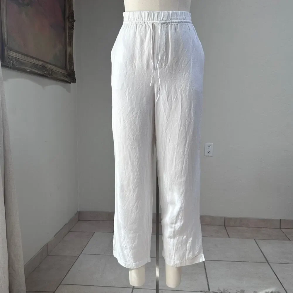 Wide Leg Pull On Tie Waste Linen Pants Pockets Lightweight Capsule White Women M